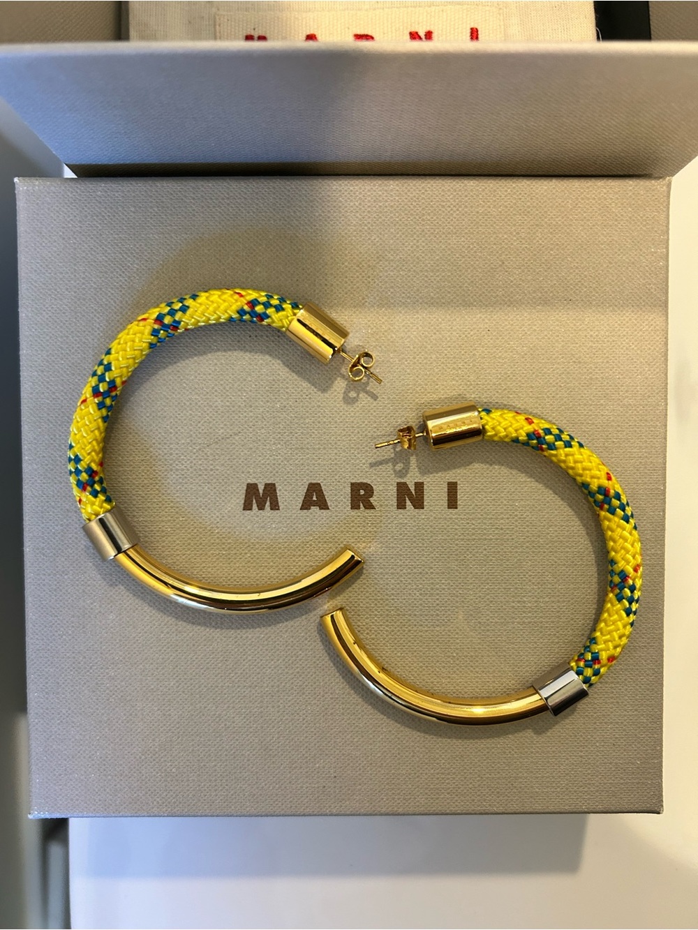 Marni Yellow & Blue Braided Rope Hoop Earrings with Gold-Tone Accents